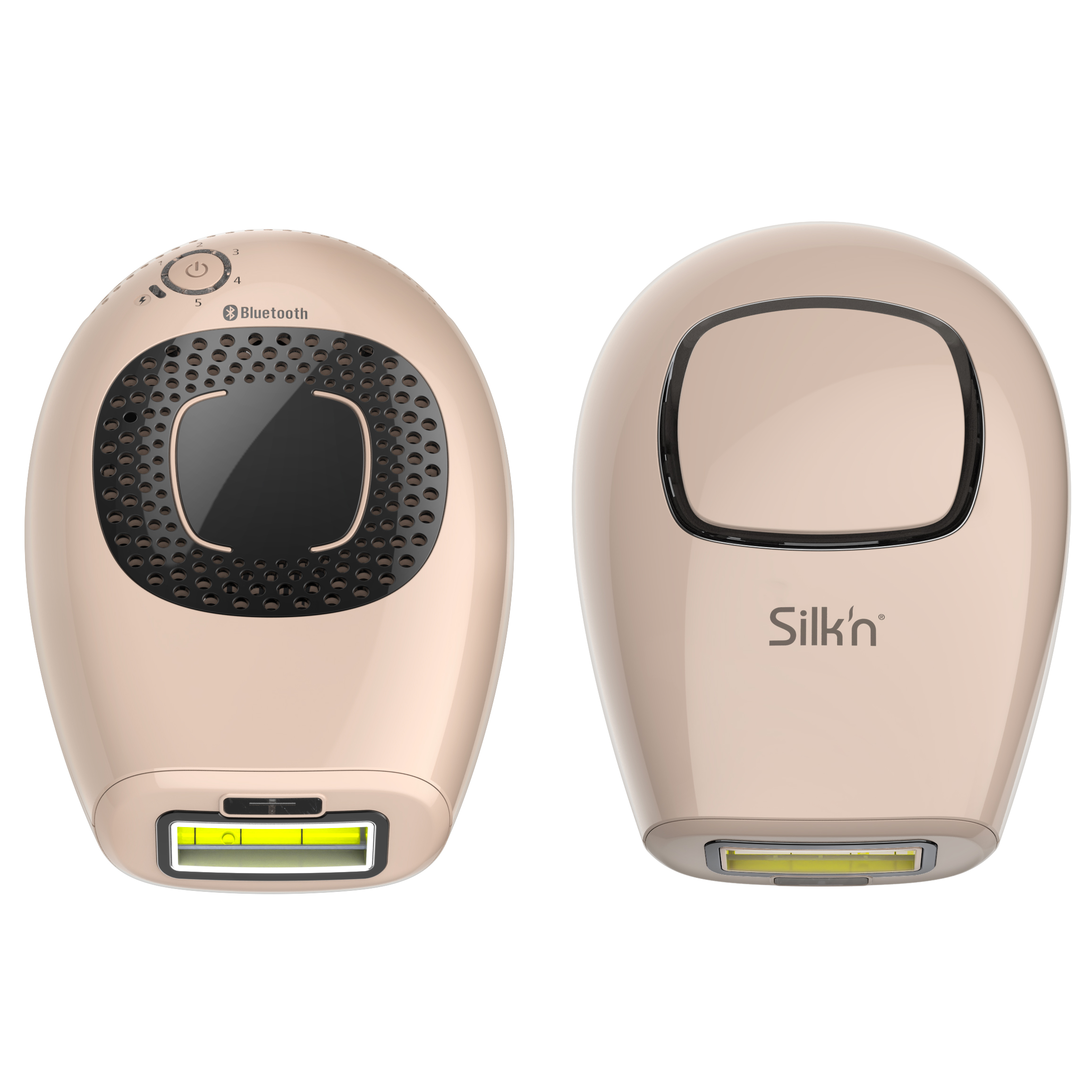 Dwa beżowo-białe urządzenia do usuwania włosów Silk'n z logo Bluetooth na białym tle.
