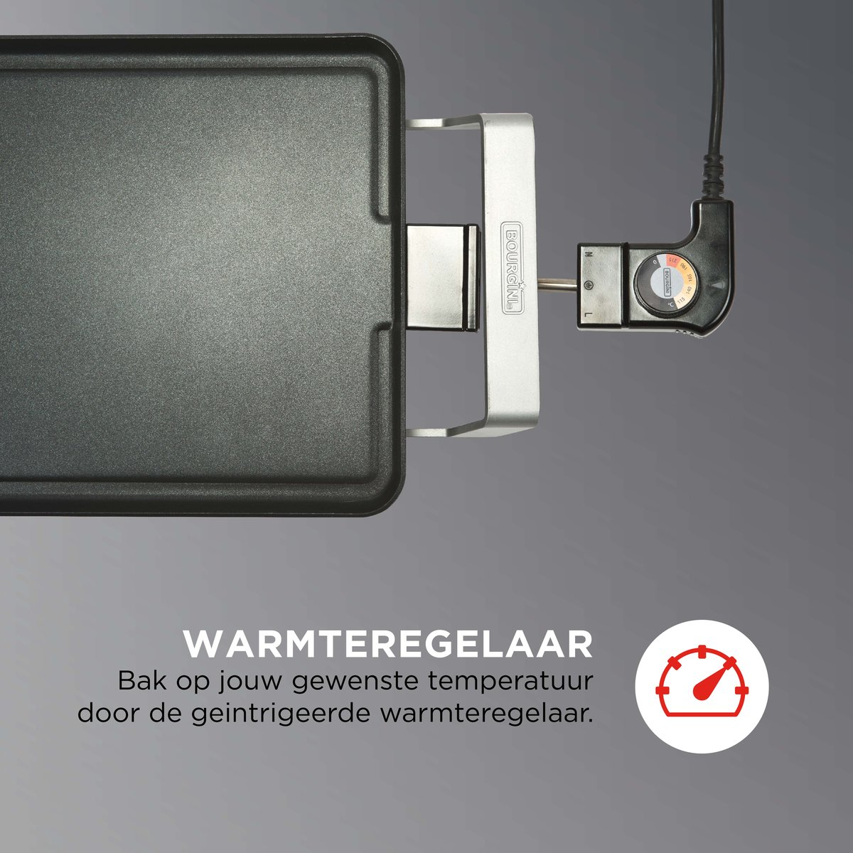 Plancha negra con dial de control de temperatura. Texto: 'Warmteregelaar' y 'Bak op jouw gewenste temperatuur'.