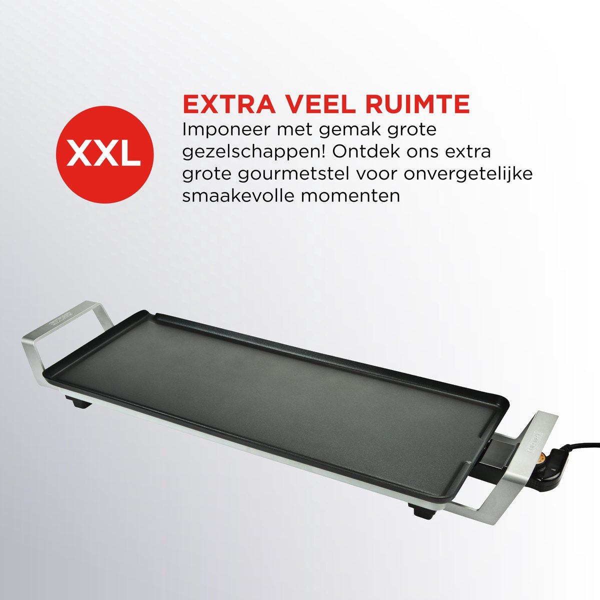 A black griddle with a silver frame and the text "XXL" in a red circle.