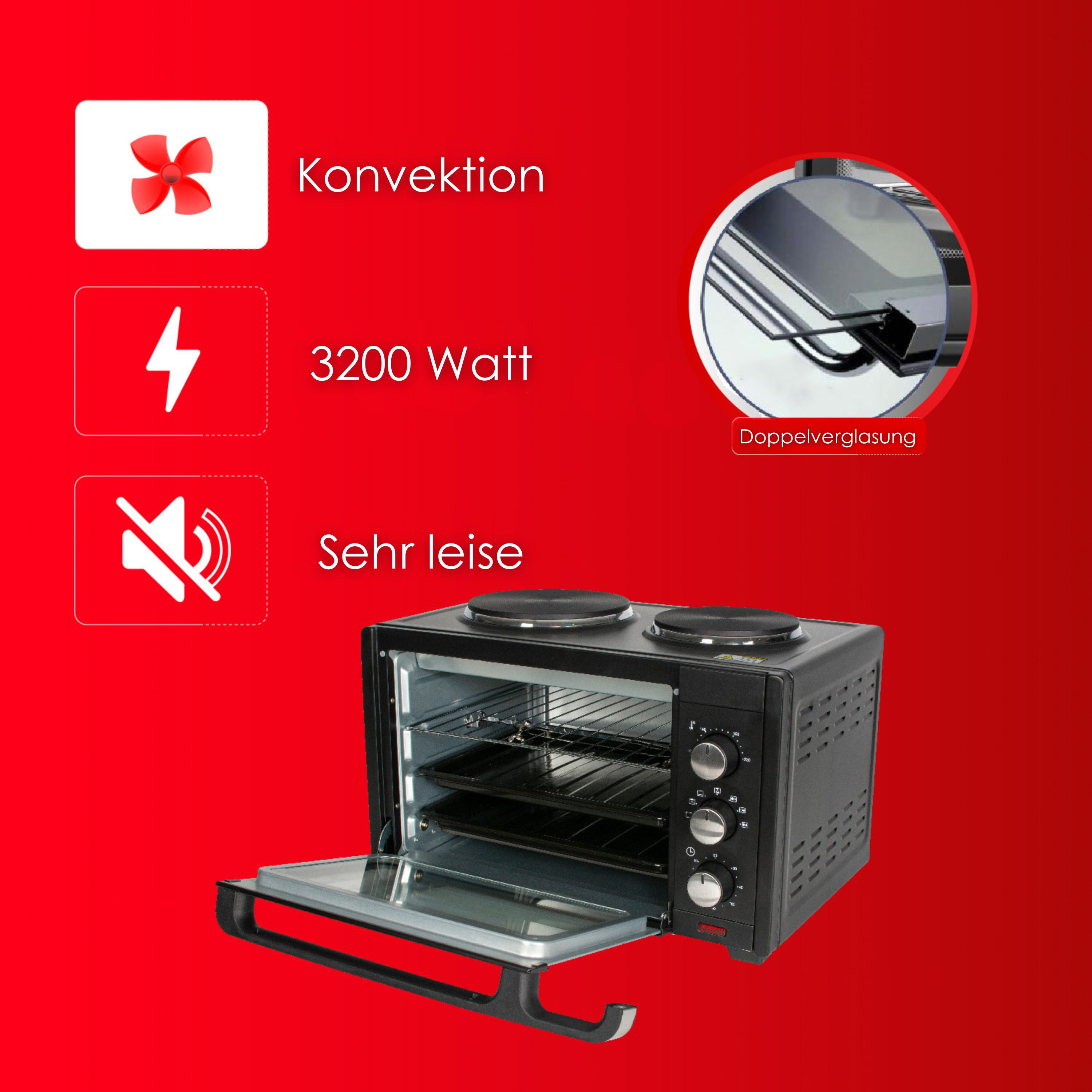 Schwarzer Ofen mit Doppelbrennern, offener Tür und Symbolen: Konvektion, 3200W, sehr leise.