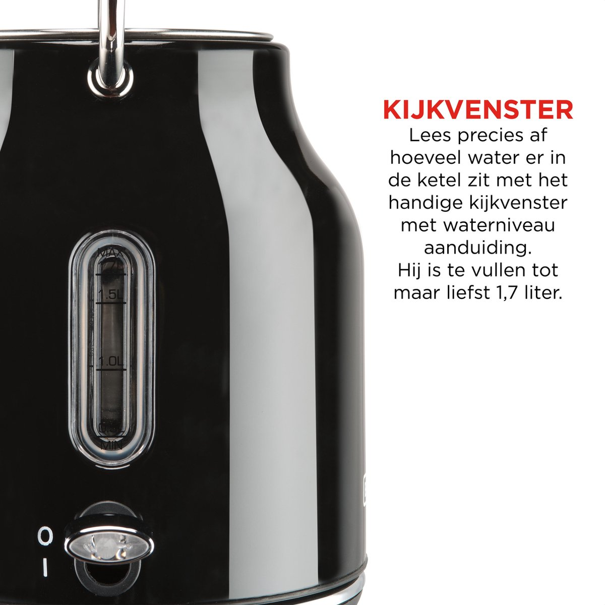 Zwarte elektrische waterkoker, close-up. Het heeft een waterniveau-indicator en een aan/uit-knop.