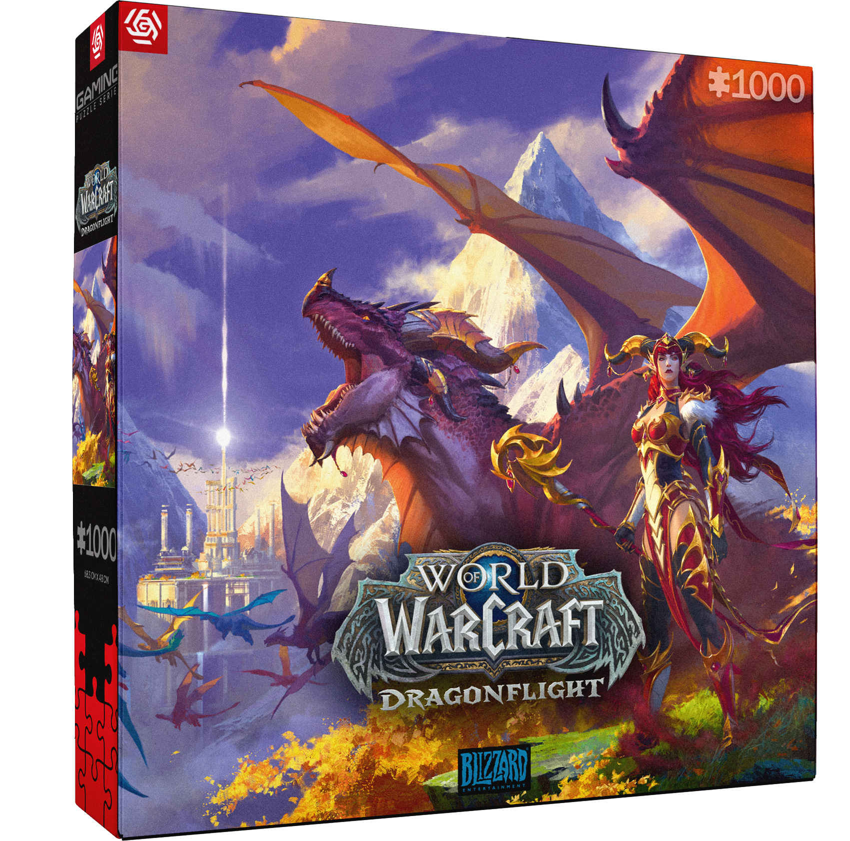 Pudełko z puzzlami World of Warcraft Dragonflight ze smokiem i kobietą.