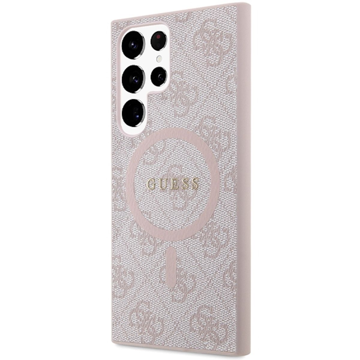 Eine rosa Guess-Handyhülle mit Guess-Logo. Sie hat einen Kreis für ein Ladegerät.