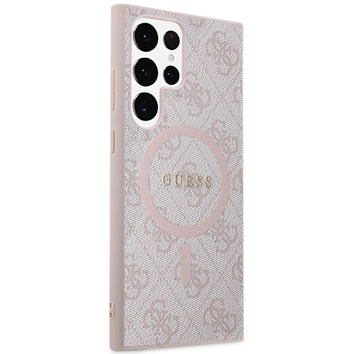 Rosa Guess-Handyhülle mit Logo, von der Seite betrachtet.