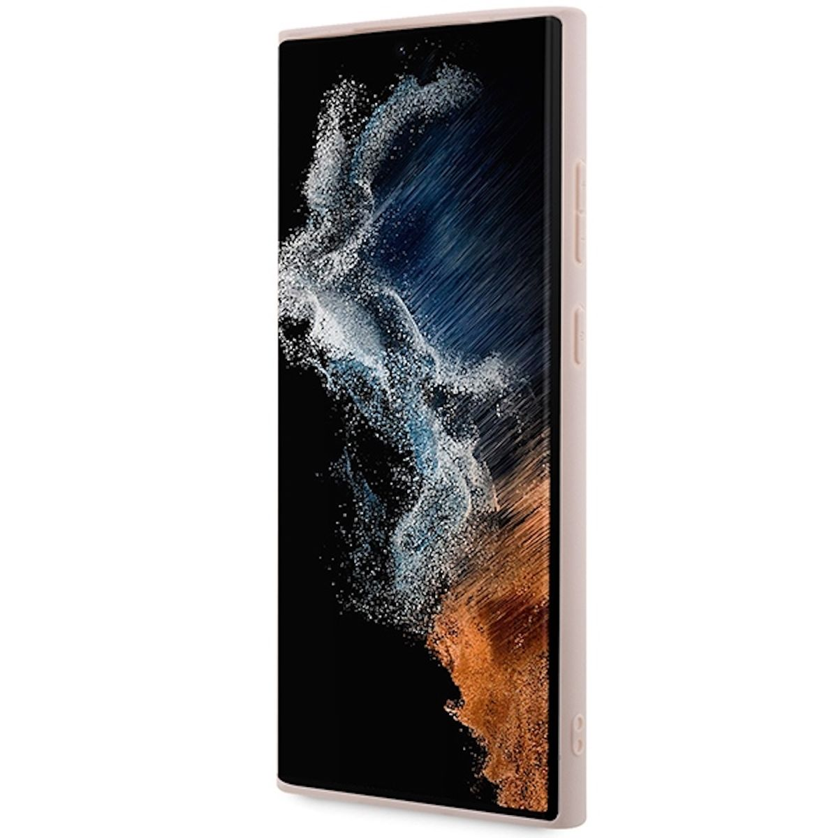 Ein Smartphone in einer rosa Hülle. Der Bildschirm zeigt ein abstraktes Bild mit Blau- und Orangetönen.
