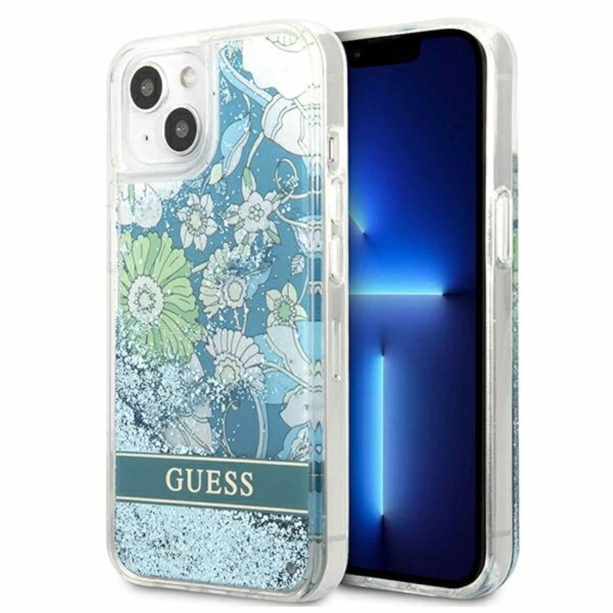 Ein Telefon in einer Hülle mit Blumenmuster vor blauem Hintergrund.