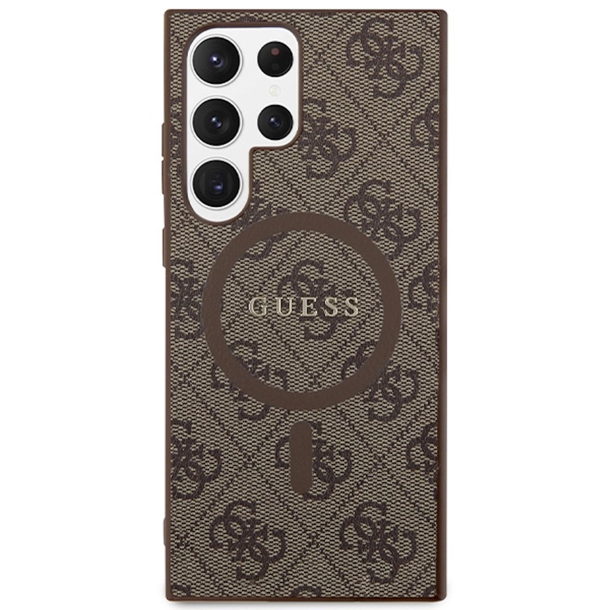 Braune gemusterte Handyhülle mit 'Guess'-Logo und Magnetkreis für Telefonfunktionen.