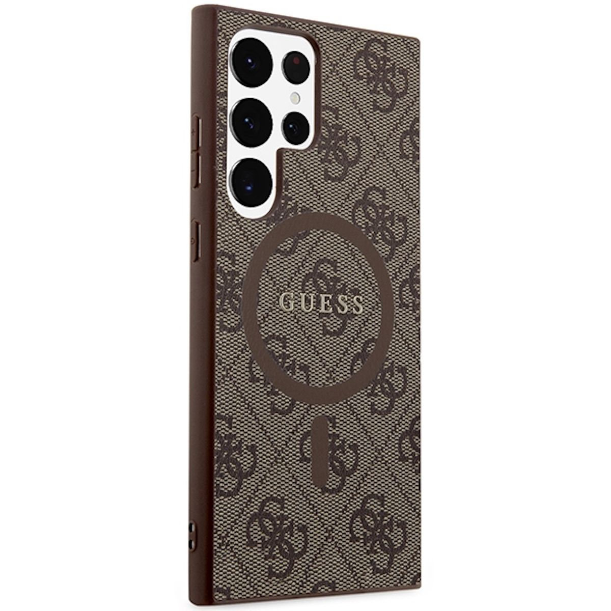 Handyhülle mit Guess-Logo-Muster. Braun- und Beigetöne. Kamerabereich sichtbar.