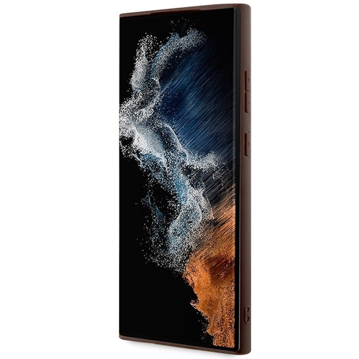 Ein braunes Telefon mit schwarzem Bildschirm auf weißem Hintergrund, die Seite zeigend.