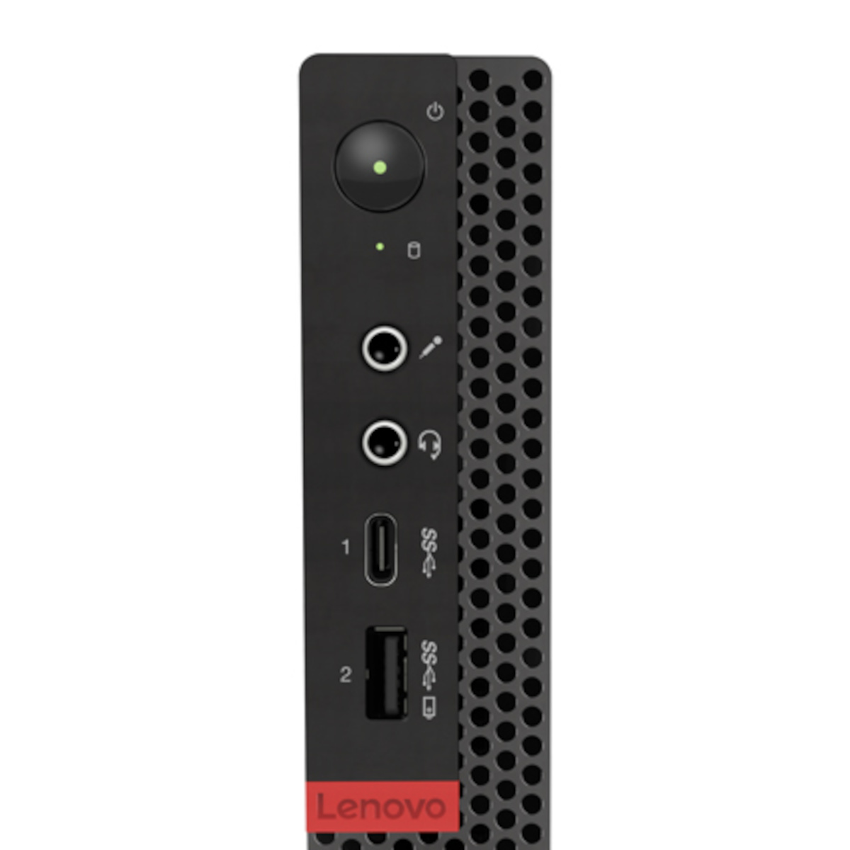 Un computer desktop Lenovo nero con porte e un pulsante di accensione su sfondo bianco.