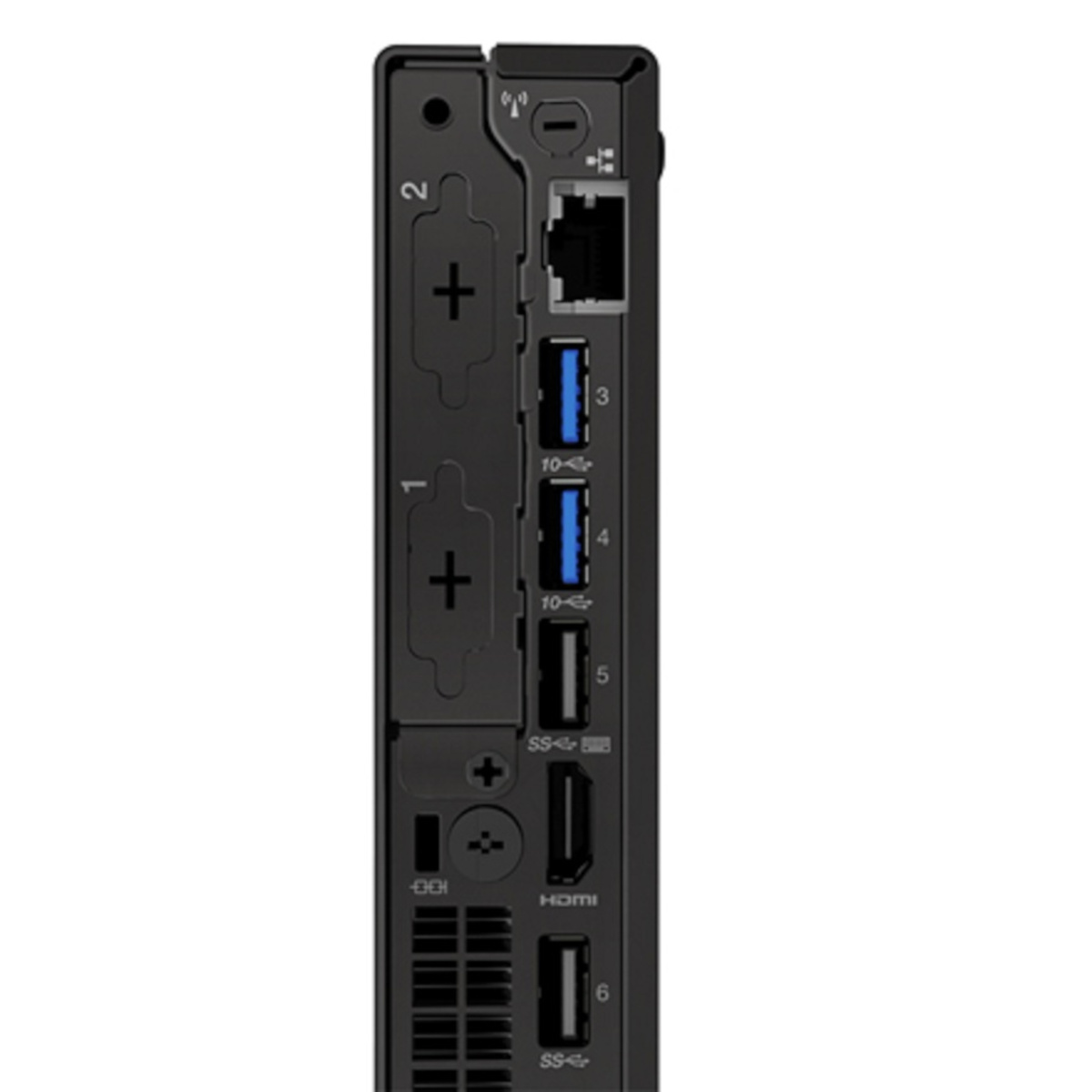 Primo piano del pannello posteriore di un computer nero con diverse porte.