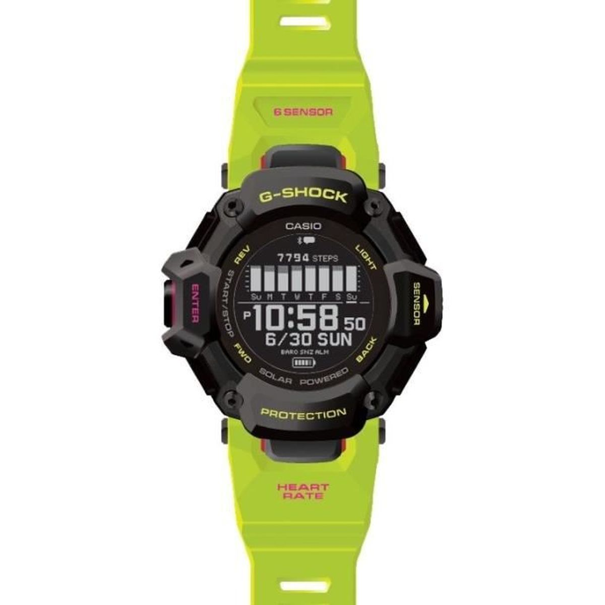 Un orologio G-Shock verde. L'orologio visualizza l'ora, la data e i passi. Dettagli neri e gialli.