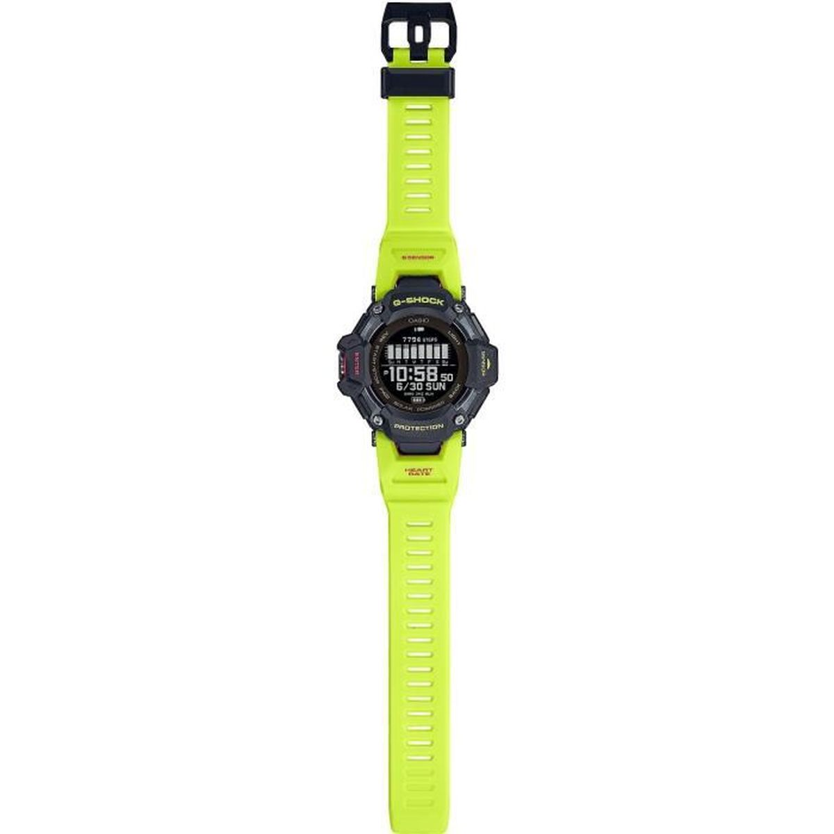 Un orologio G-Shock verde neon con un display digitale che mostra l'ora e la data.