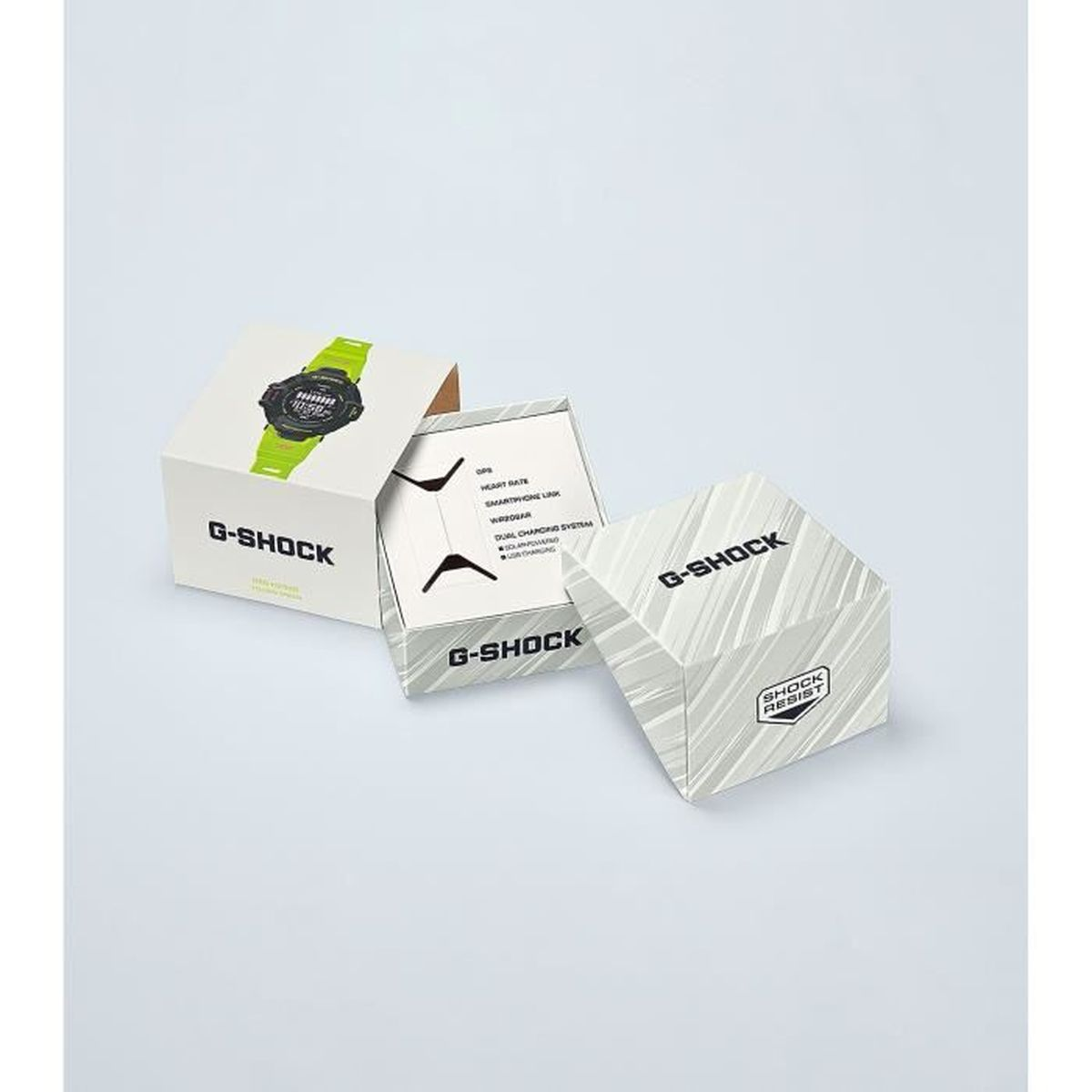Scatola dell'orologio G-Shock, aperta, con orologio e schede informative.