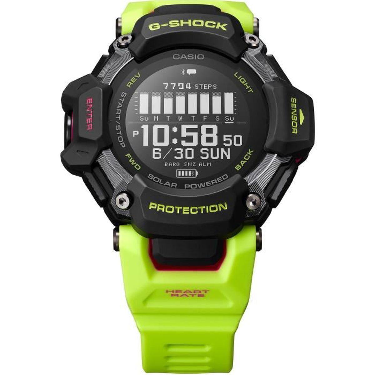 Un orologio G-Shock nero e verde neon con display digitale che mostra ora e passi.