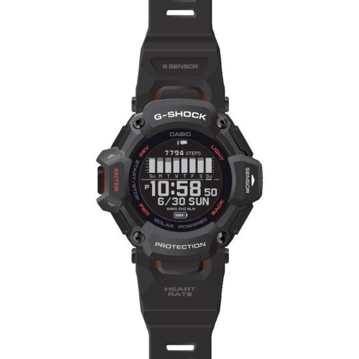 Orologio G-Shock nero con display digitale che mostra l'ora e i passi.