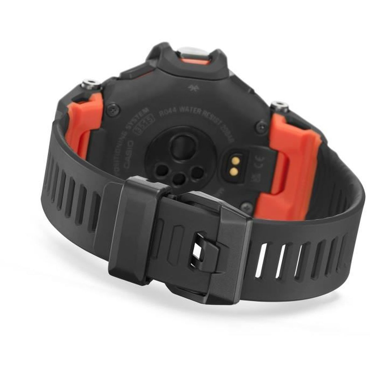 Orologio Casio nero e arancione, vista posteriore, dettagli fibbia e cinturino.