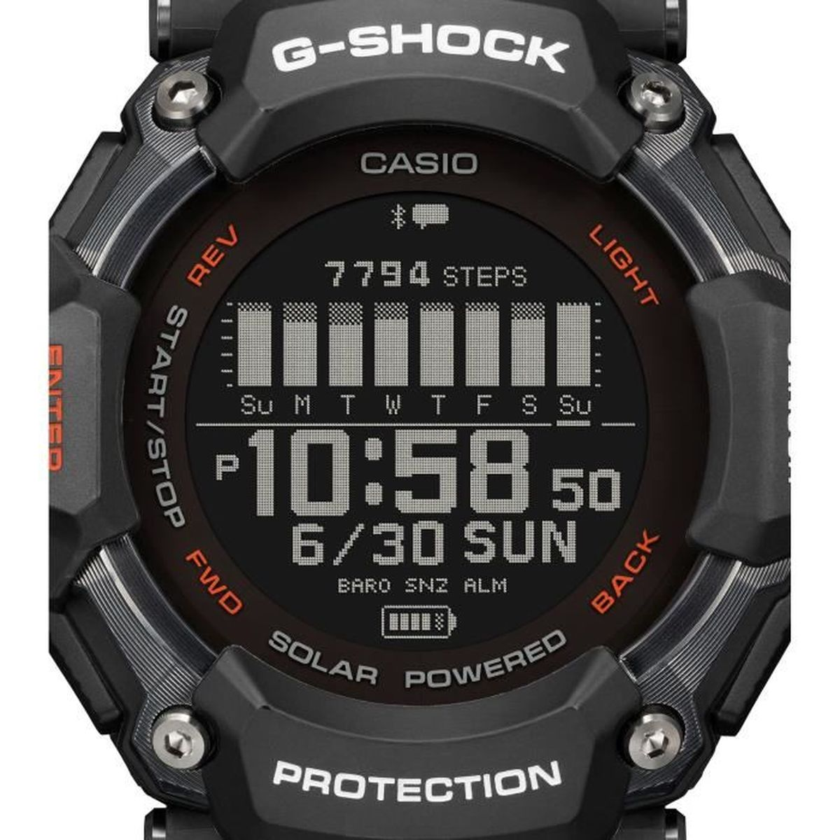 Il quadrante dell'orologio G-Shock mostra l'ora: 10:58, data: 6/30 DOM, passi: 7794 e altre informazioni.