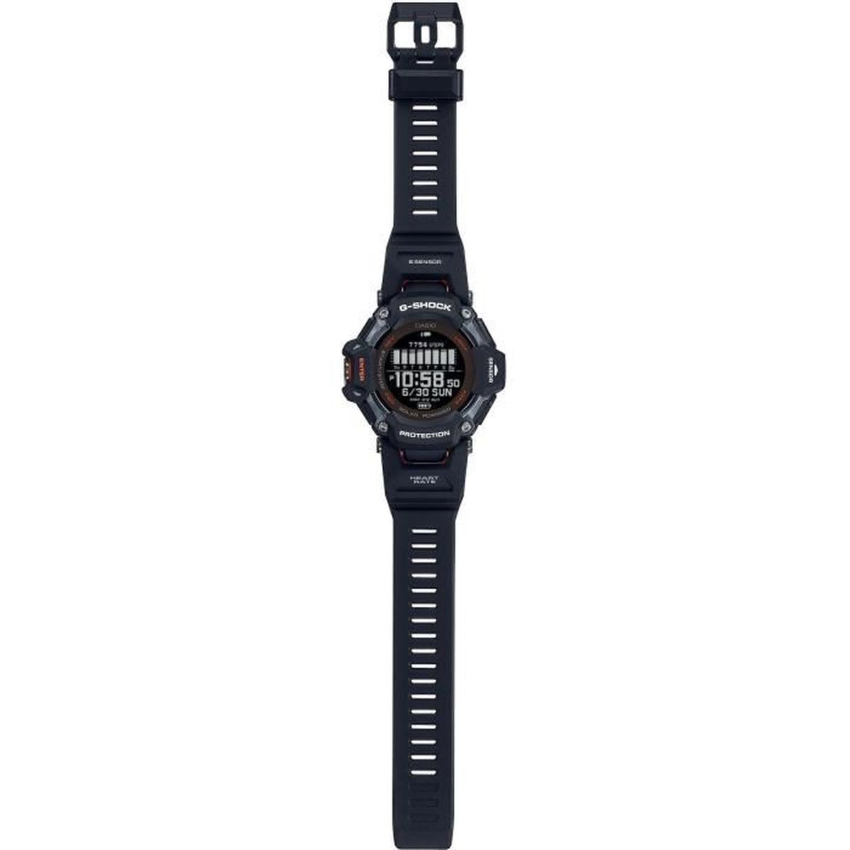 Orologio G-Shock con cinturino nero. Visualizza ora e data. Display digitale con dettagli rossi e bianchi.