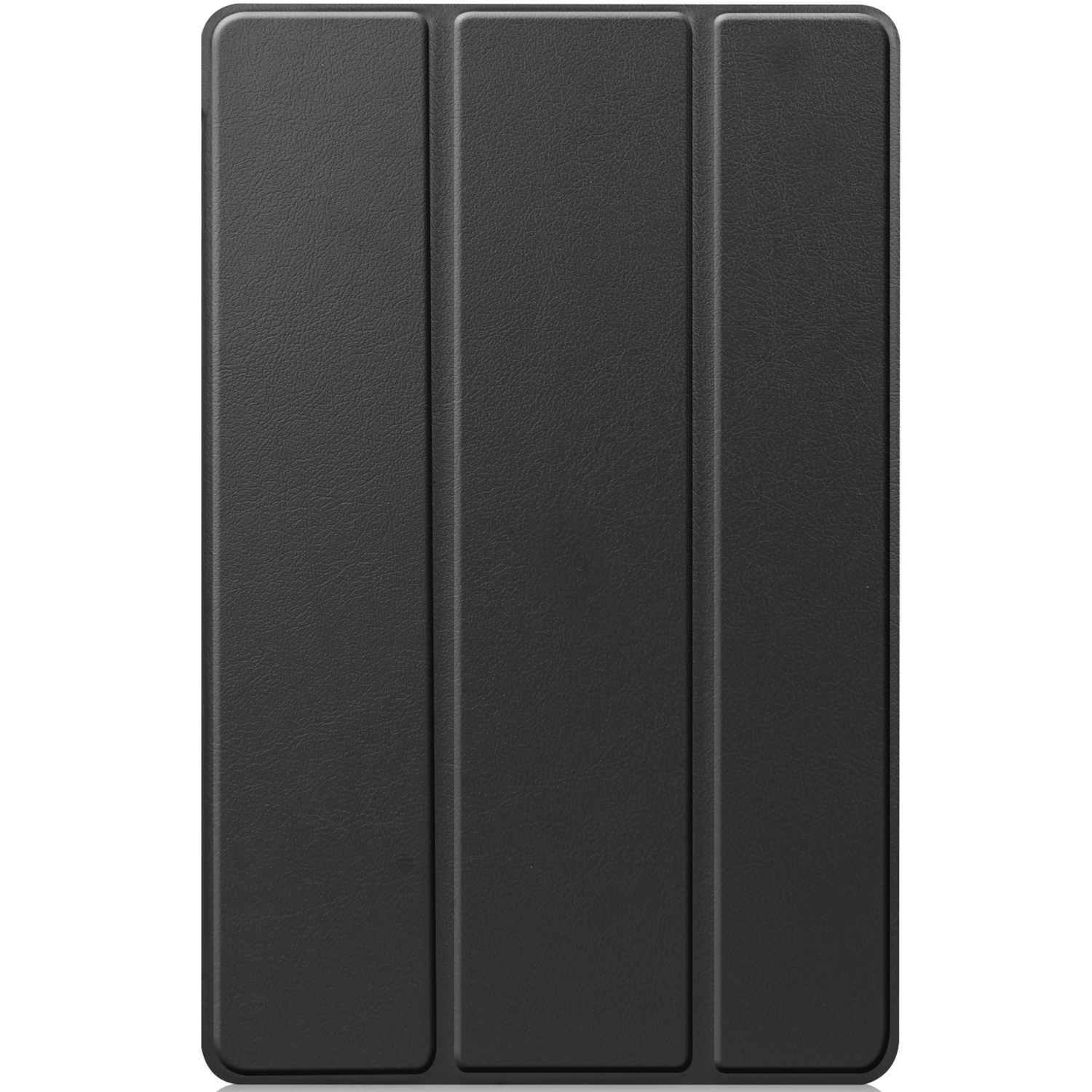 Black tablet case with three foldable segments on a white background.