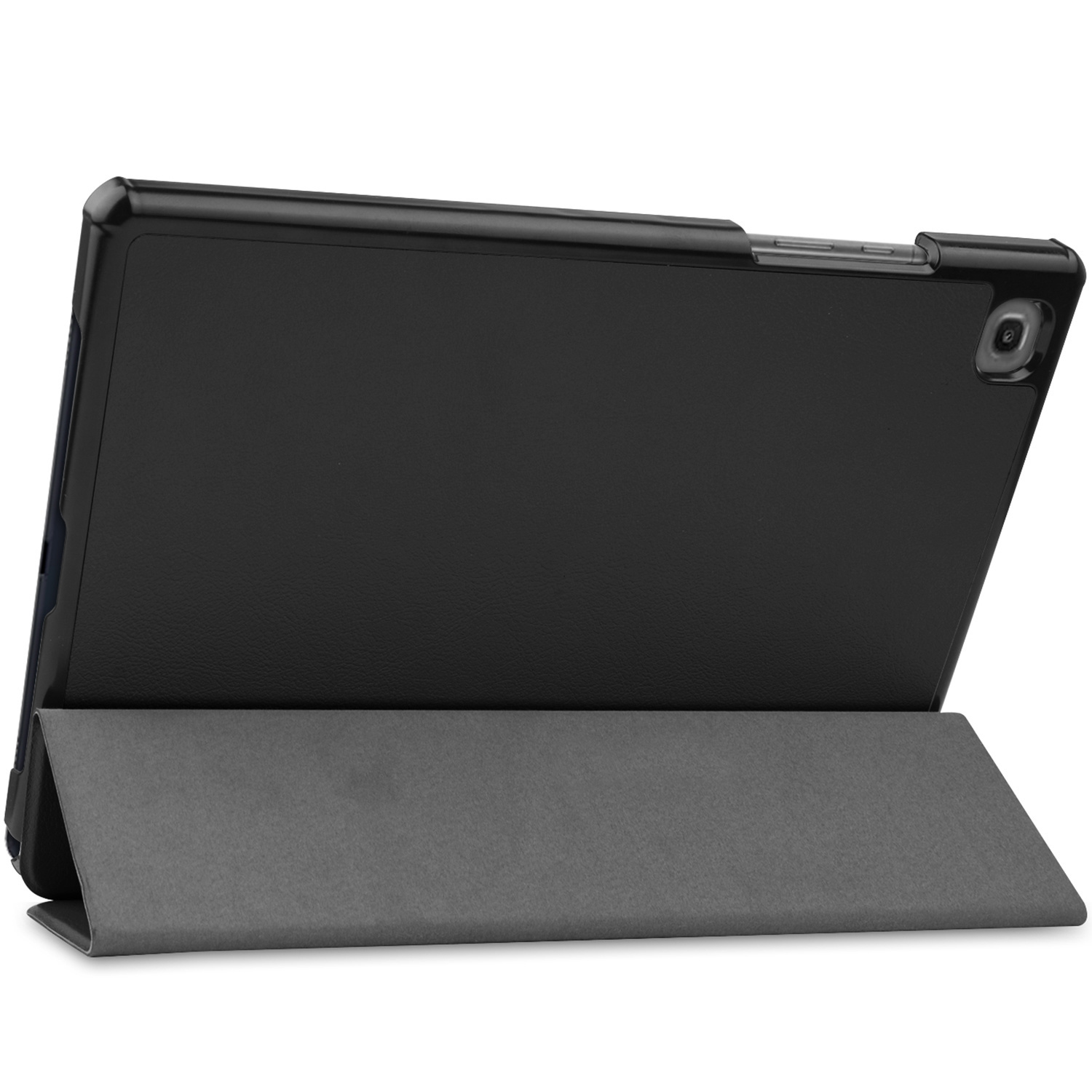 A black tablet case with a stand, on a white background.