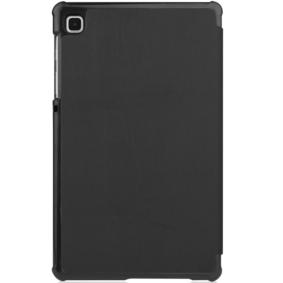 Tablette noire dans un étui noir, avec caméra et bouton d'alimentation visibles.