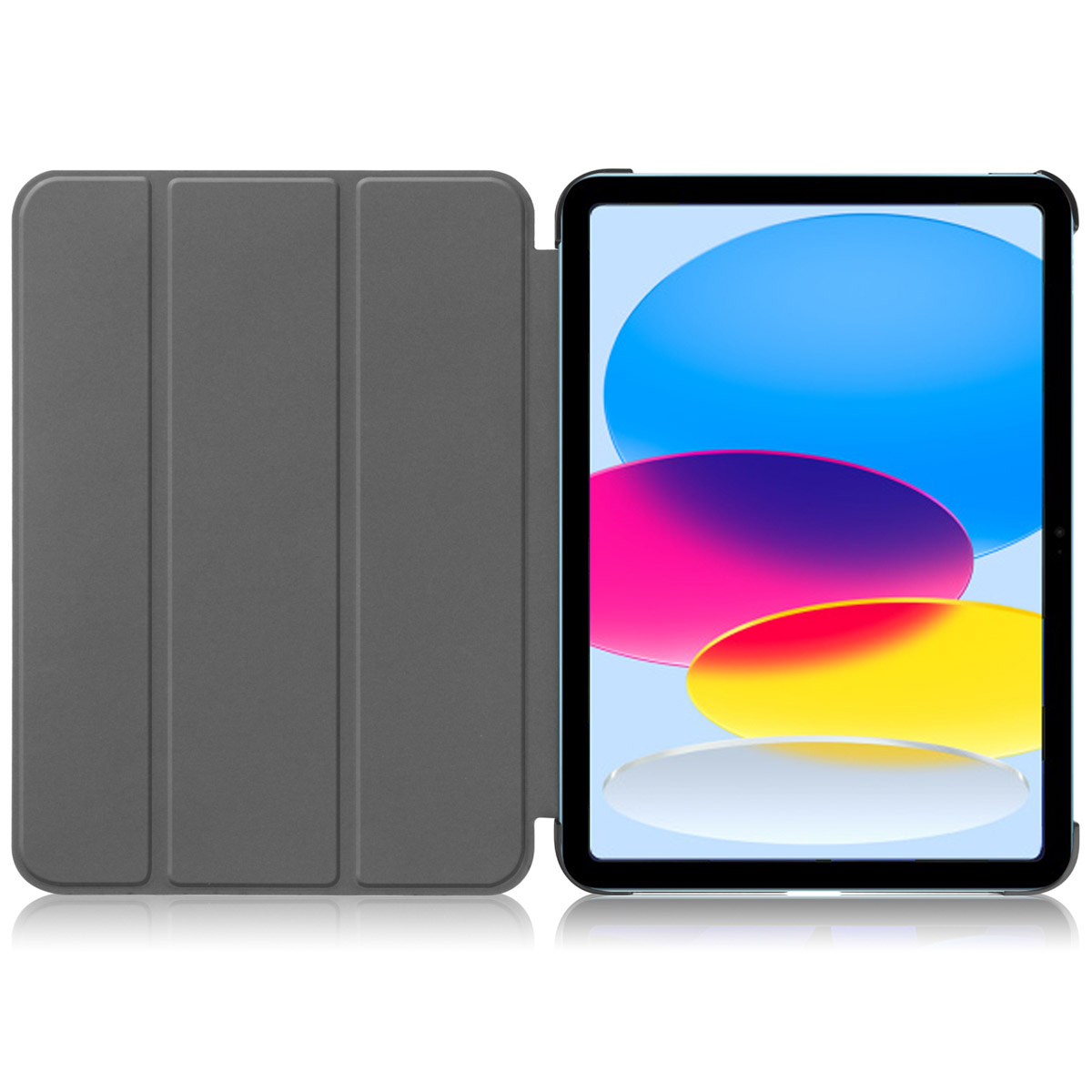 Grijze tabletcase met open tablet, met een kleurrijke abstracte afbeelding.