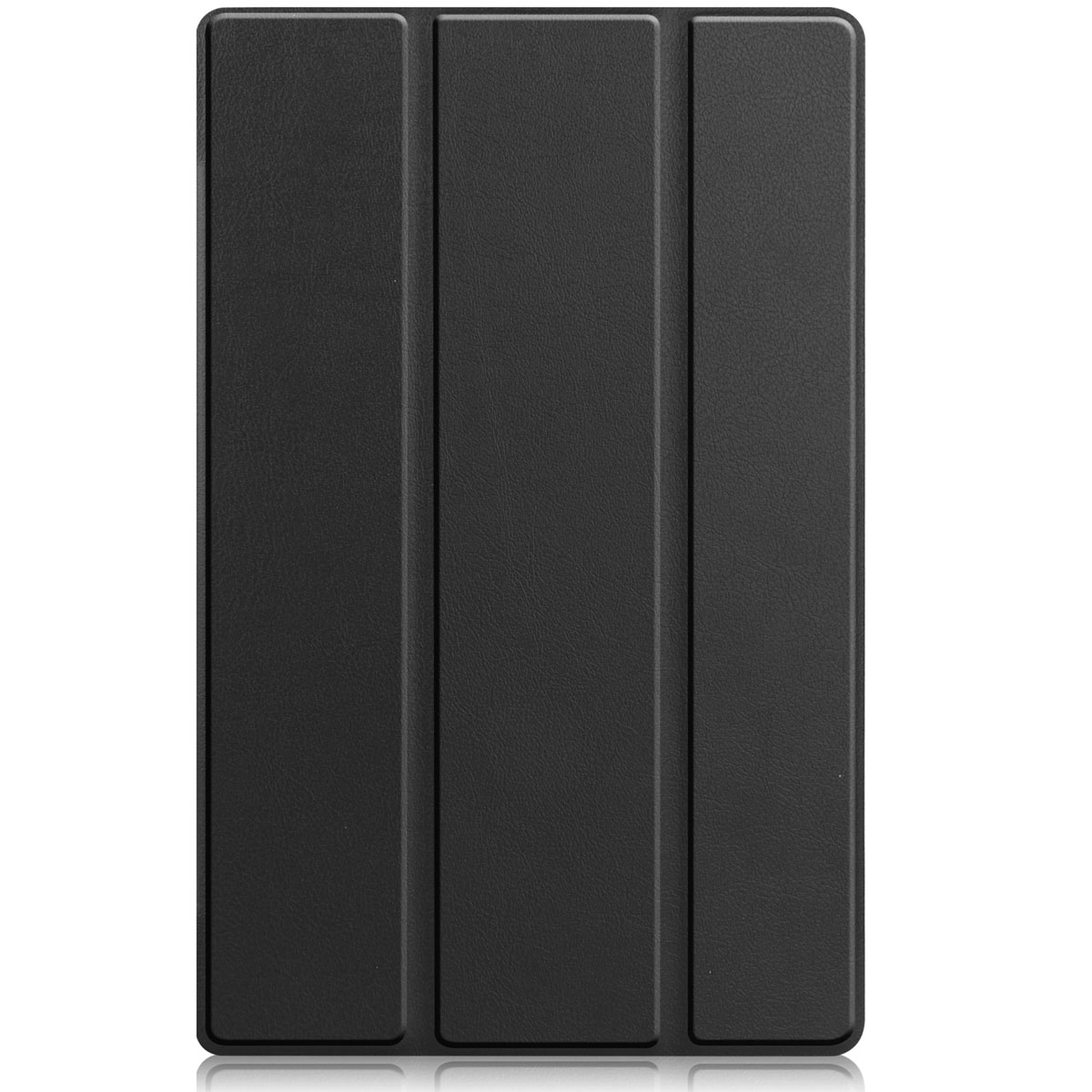 Black tablet case with three vertical folds on the front.