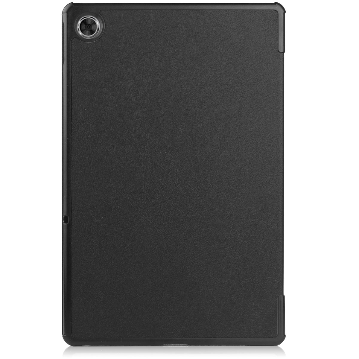 Back of a black tablet cover with camera cutout at the top left.