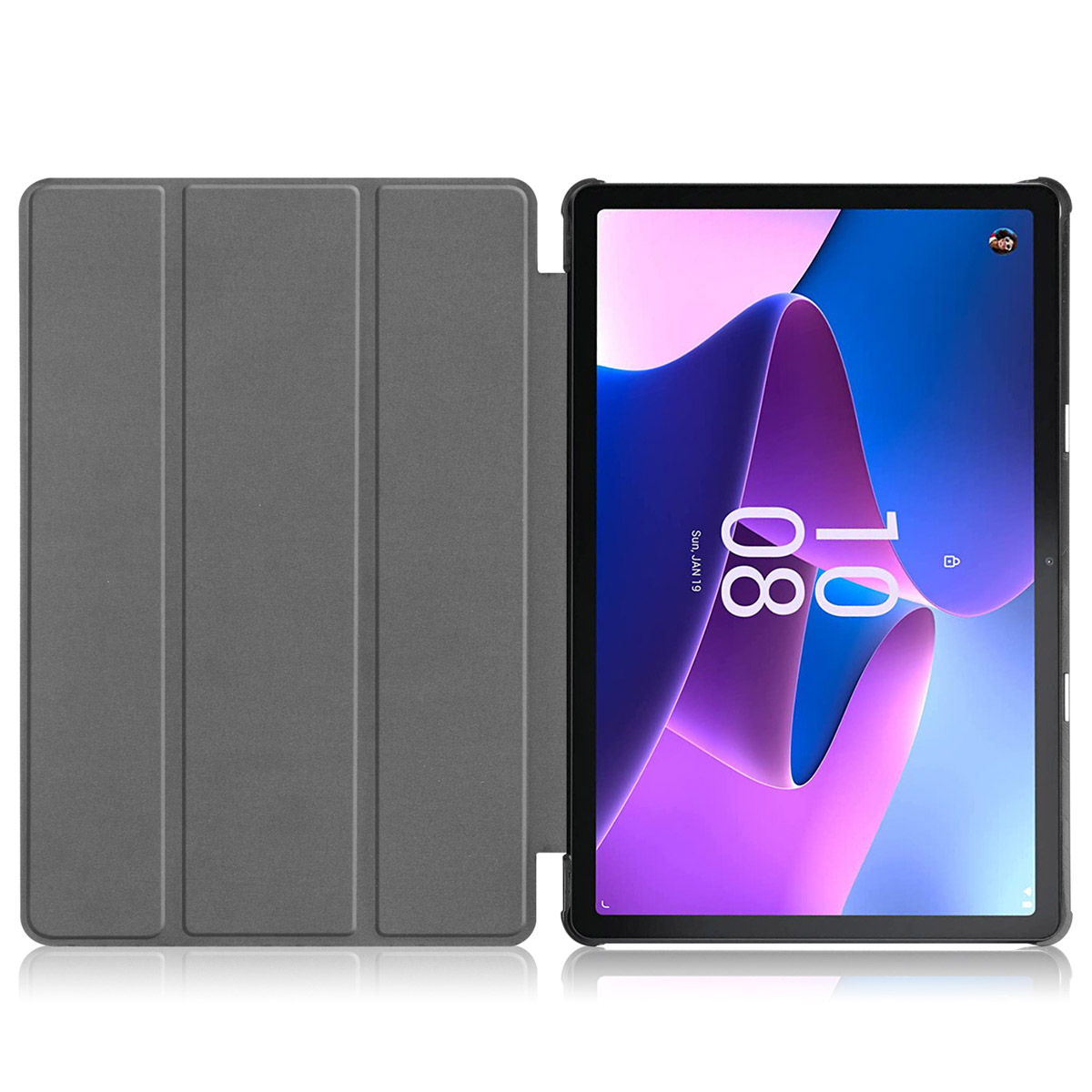 A gray tablet with an open cover and colorful wallpaper displayed.