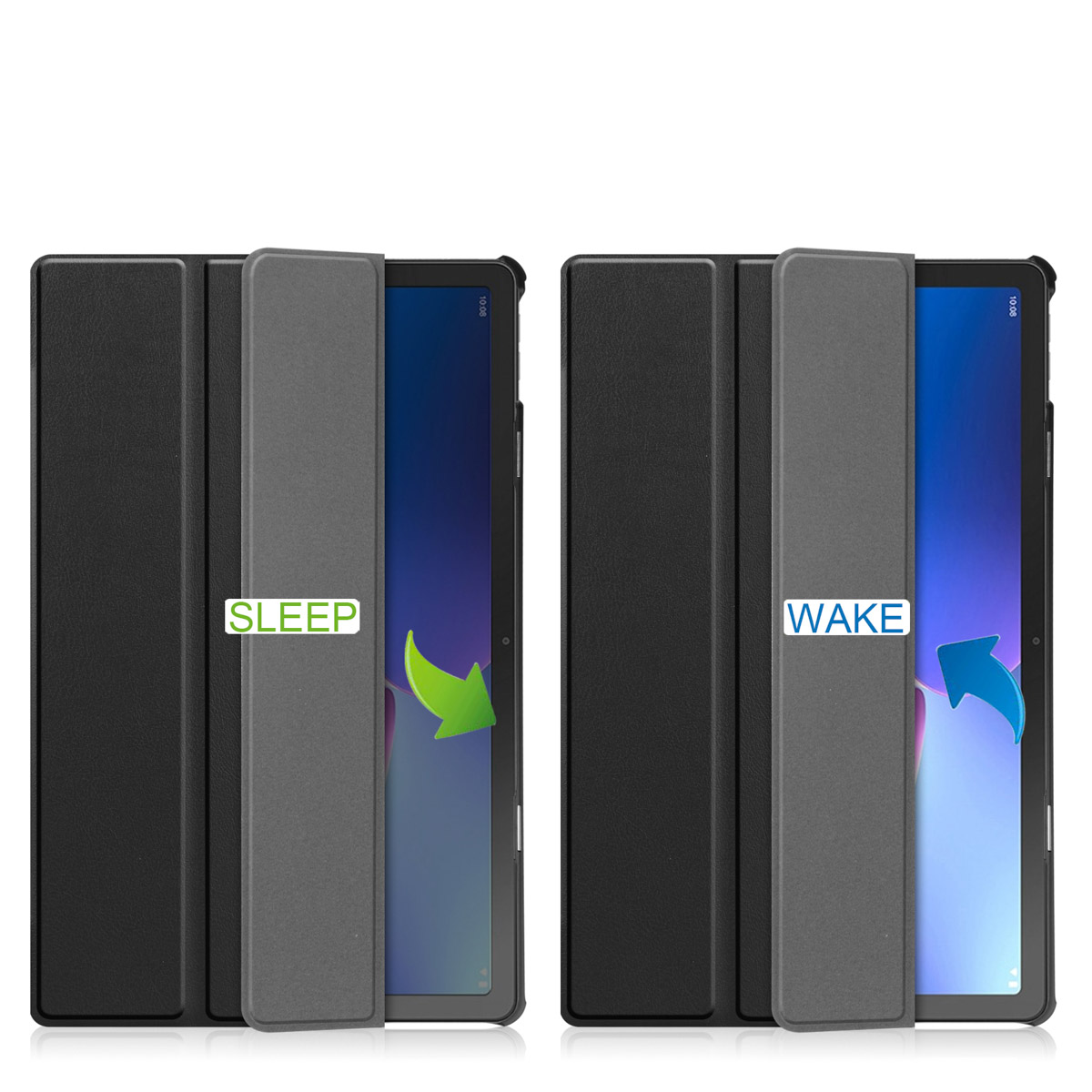 Two tablets in cases. One shows 'SLEEP', the other 'WAKE'.
