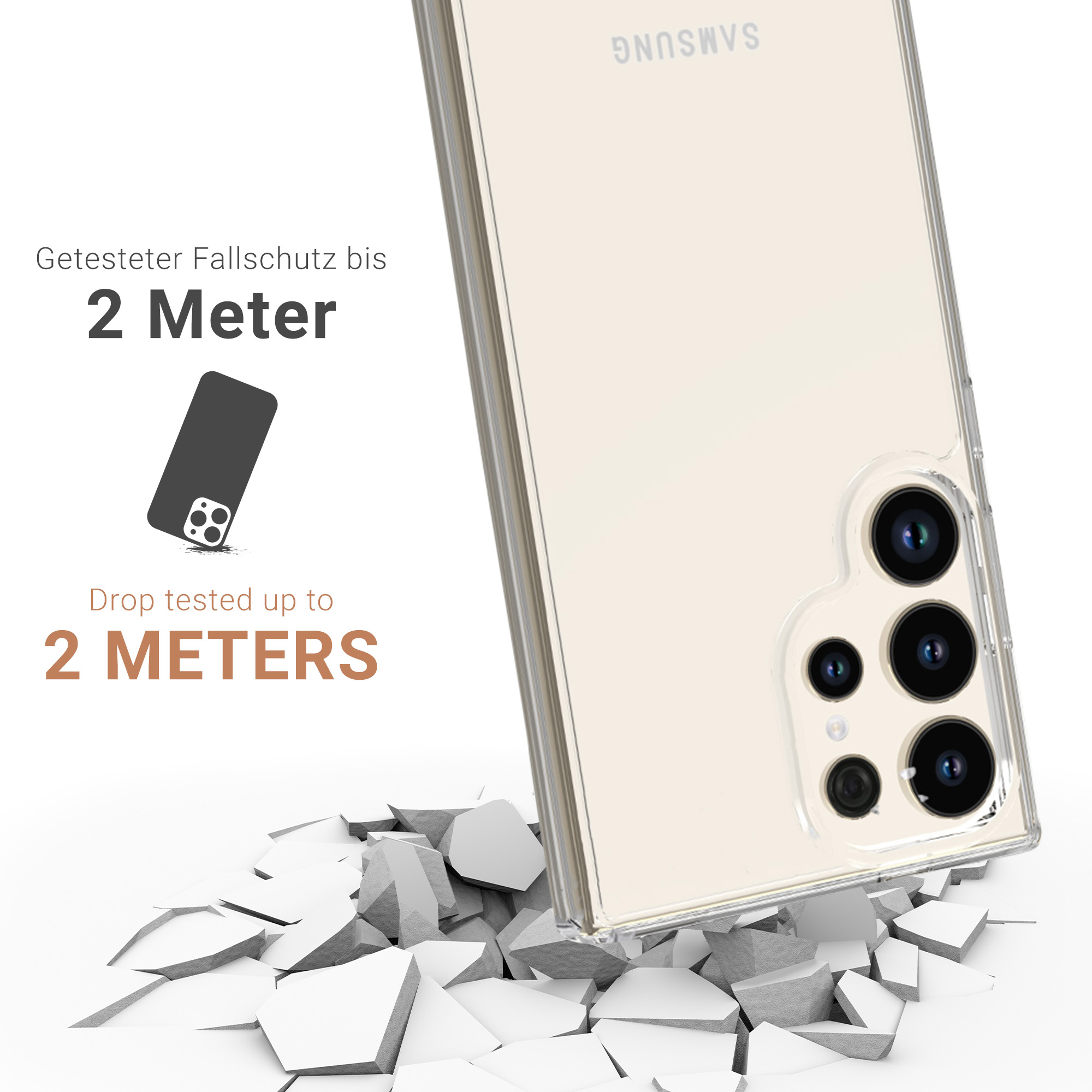 Handyhülle mit Telefon. Hülle ist klar, Telefon sichtbar. Hülle wird beim Zerbrechen gezeigt.