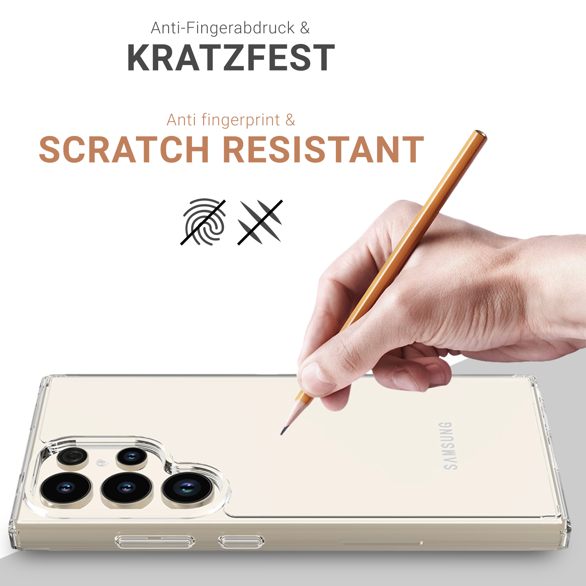 Transparente Handyhülle mit Bleistiftzeichnung und dem Text „Anti-Fingerabdruck & kratzfest“.