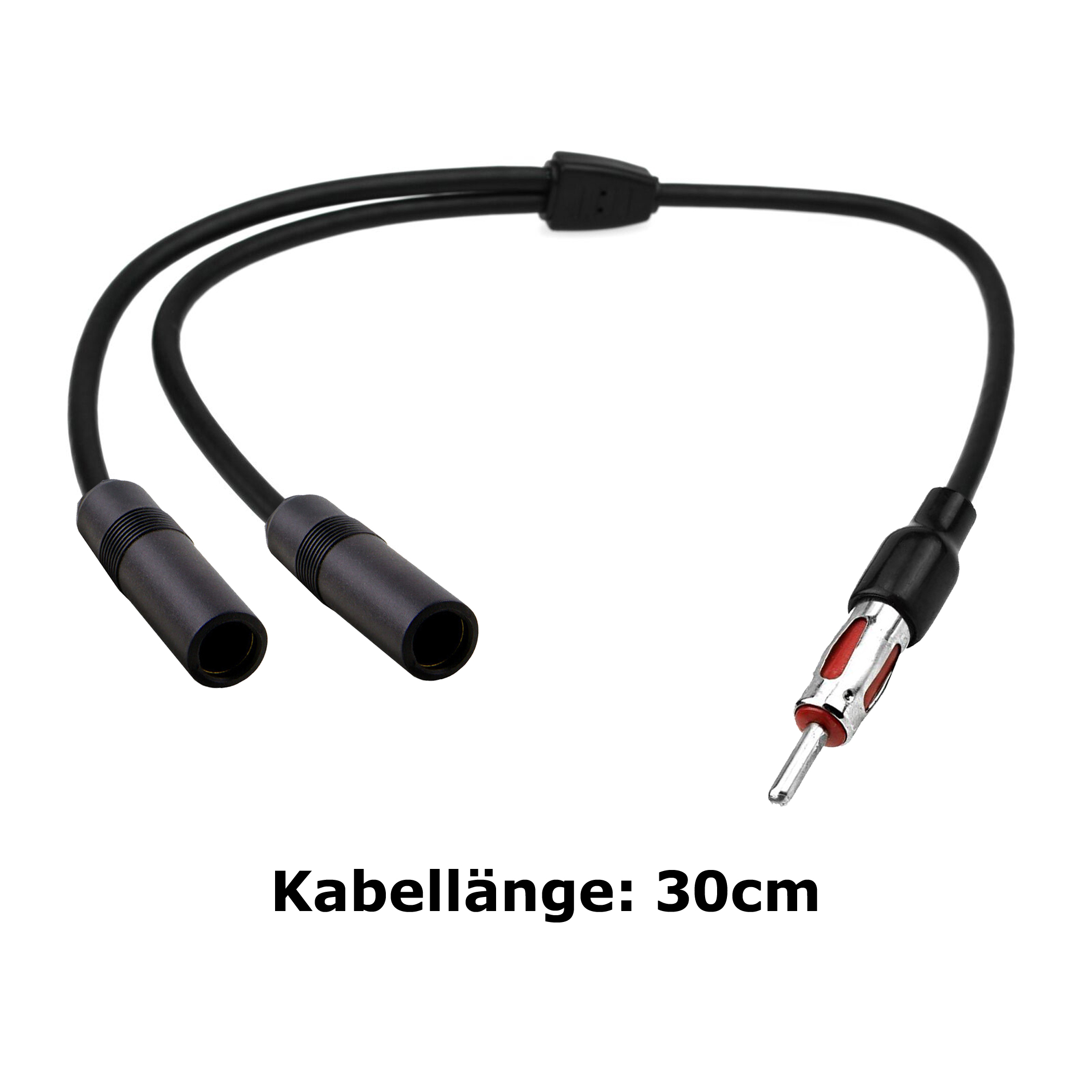 Autoantennenkabel mit zwei Buchsen und einem Stecker. Text: Kabellänge: 30cm.