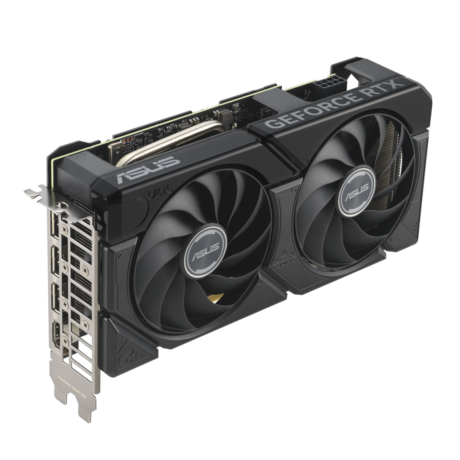 Una scheda grafica ASUS GeForce RTX nera con due ventole.