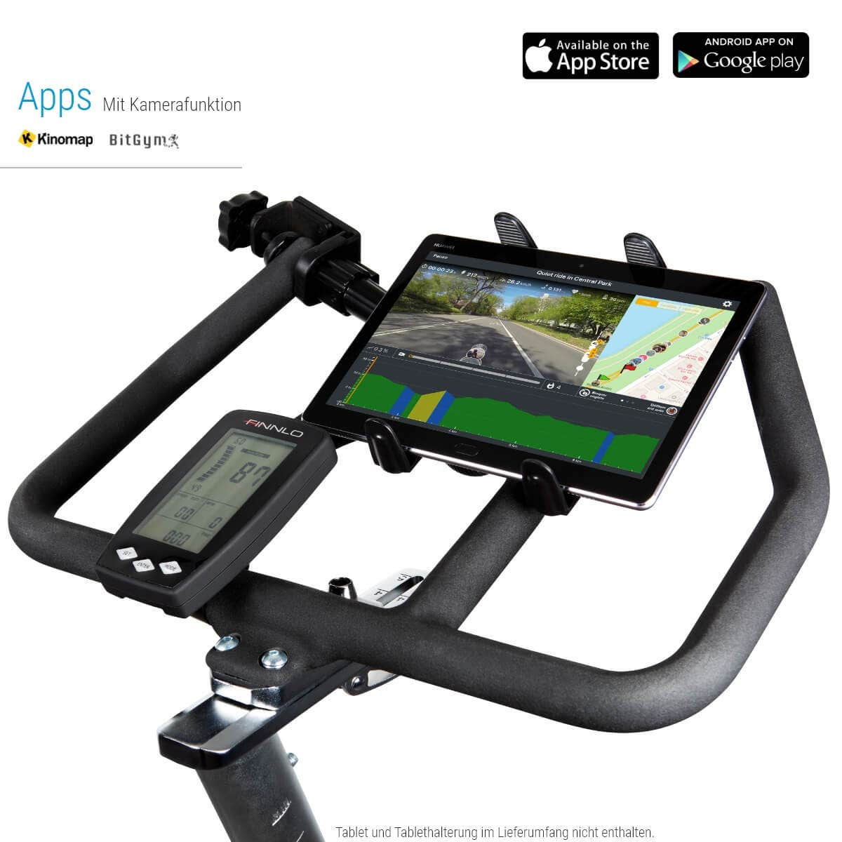Heimtrainer mit Tablet. Tablet zeigt Straßenszene. App-Logo in der oberen Ecke.