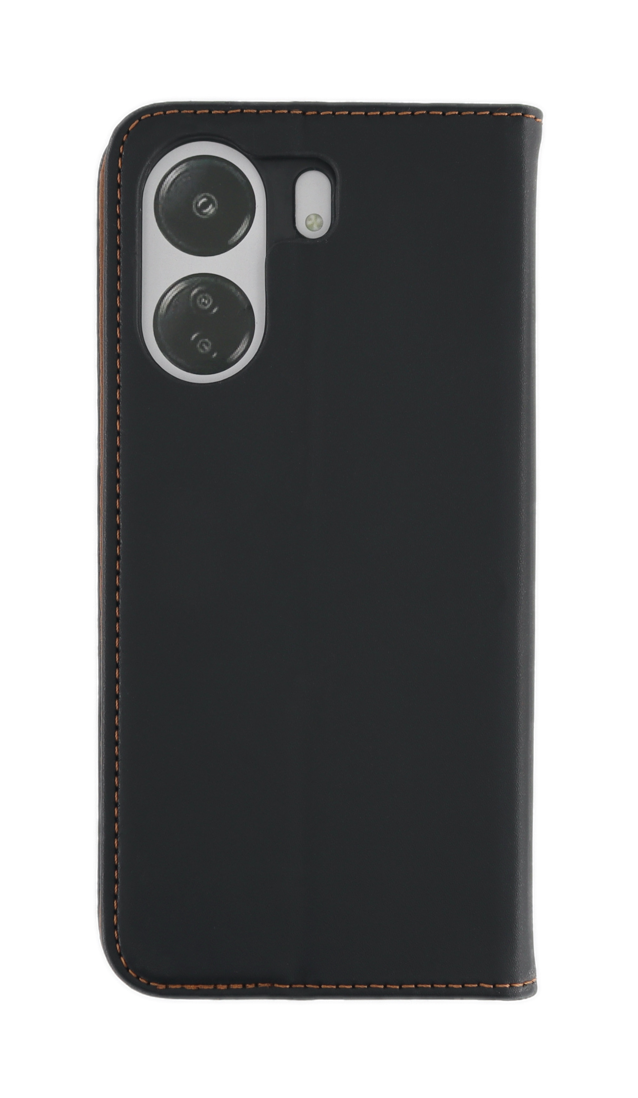 Schwarze Handyhülle mit Dual-Kamera-Ausschnitt, braunen Nähten und schwarzer Oberfläche.