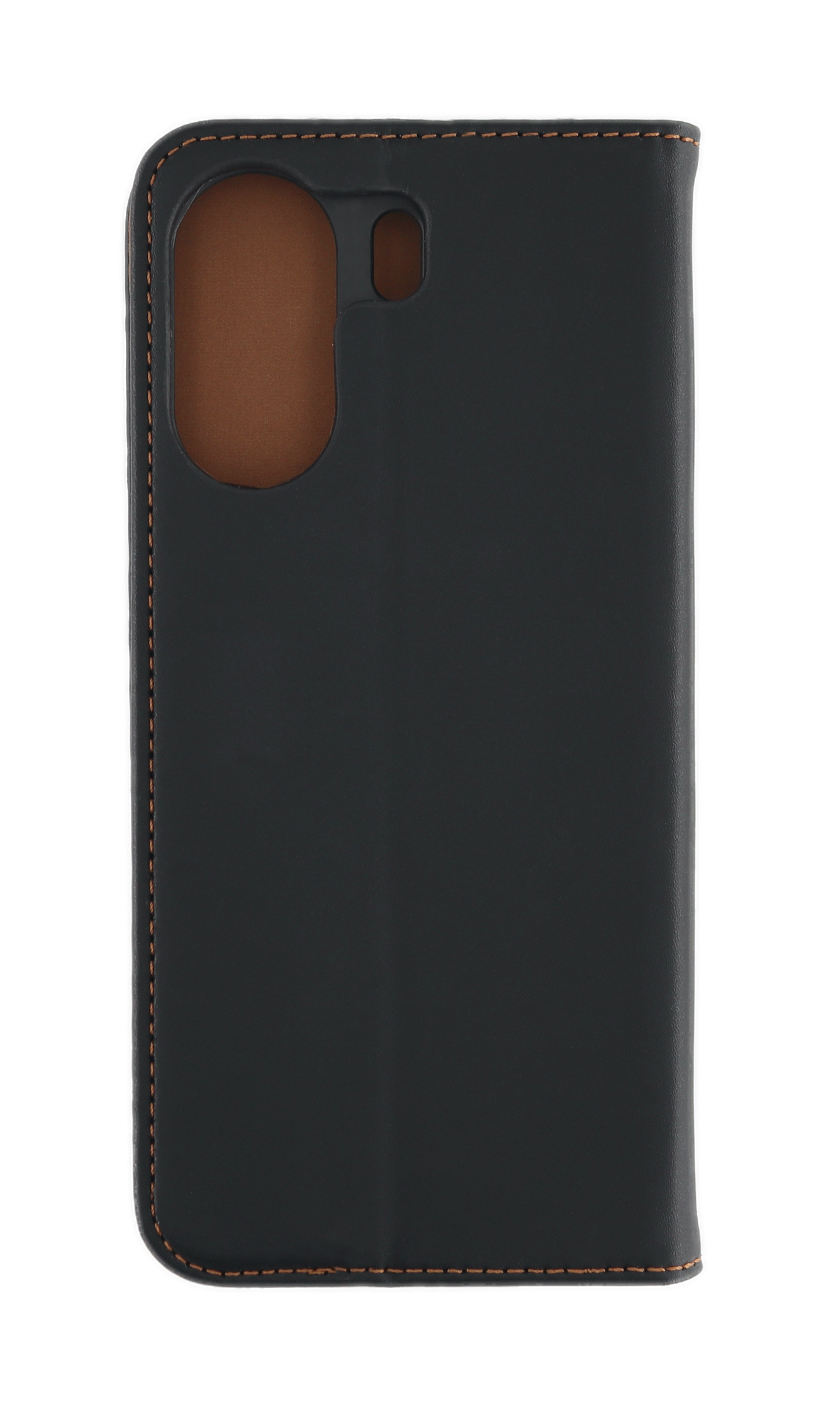 Schwarzes Handycase mit braunem Innenfutter, mit Kameraaussparung.