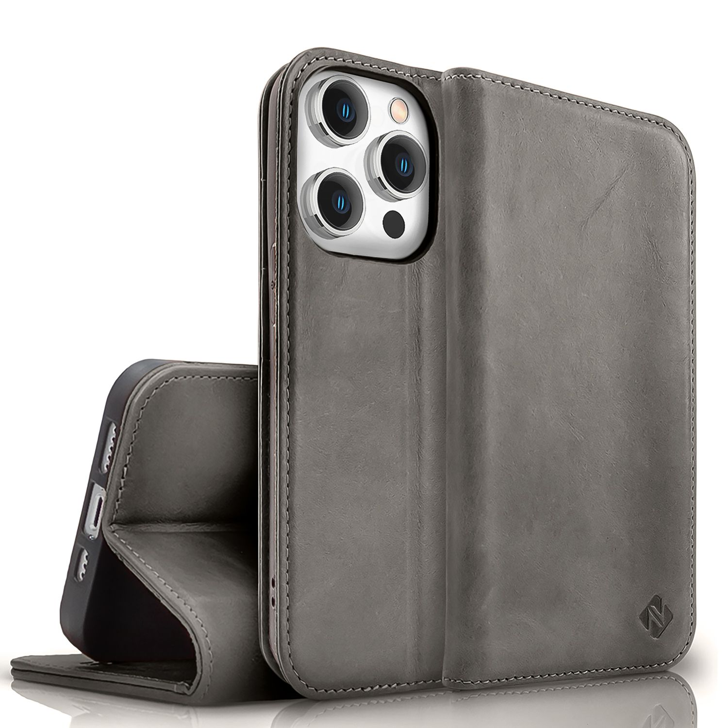Eine graue Leder-Handyhülle mit offenem Handy darin.