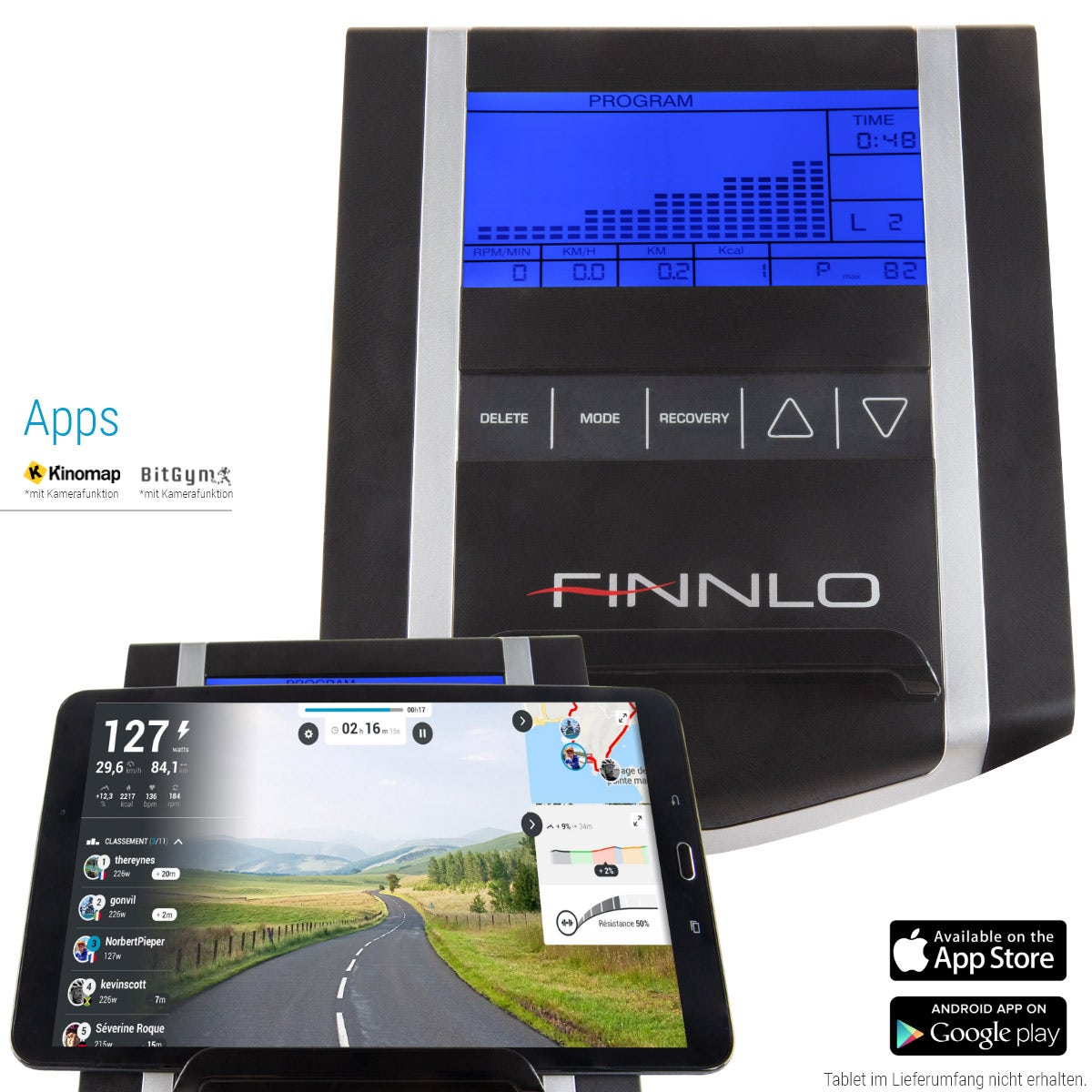 Trainingsmaschinendisplay mit Trainingsdaten. Tablet mit einer Cycling-App ist ebenfalls sichtbar.
