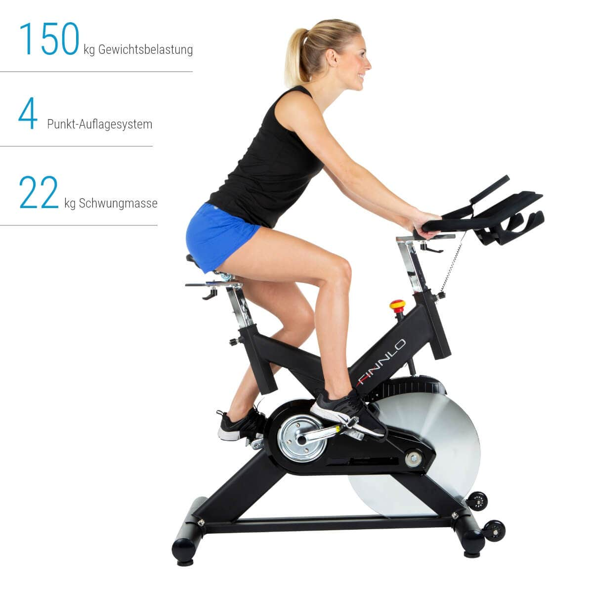 Frau auf einem Heimtrainer. Text über Gewicht und System befindet sich auf der linken Seite.