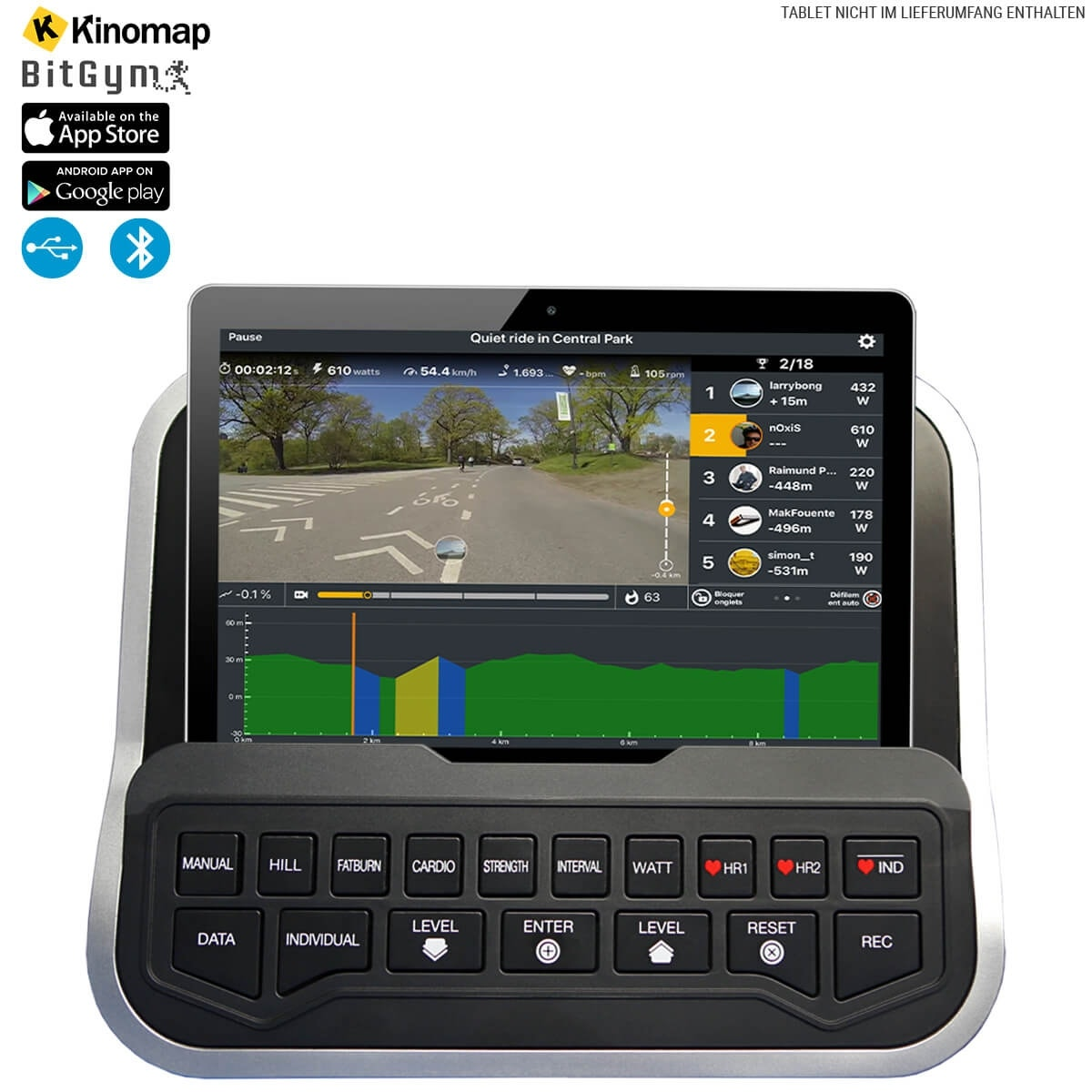 Tablet auf einer schwarzen Konsole, die eine Radfahrsimulation mit Daten und Tasten zeigt.