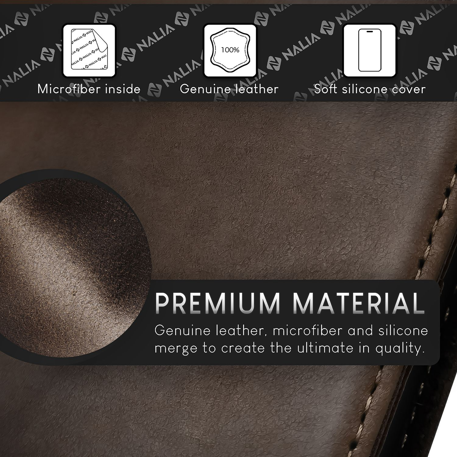 Nahaufnahme von braunem Leder mit Text: Premium Material. Mikrofaser, echtes Leder und Silikon.