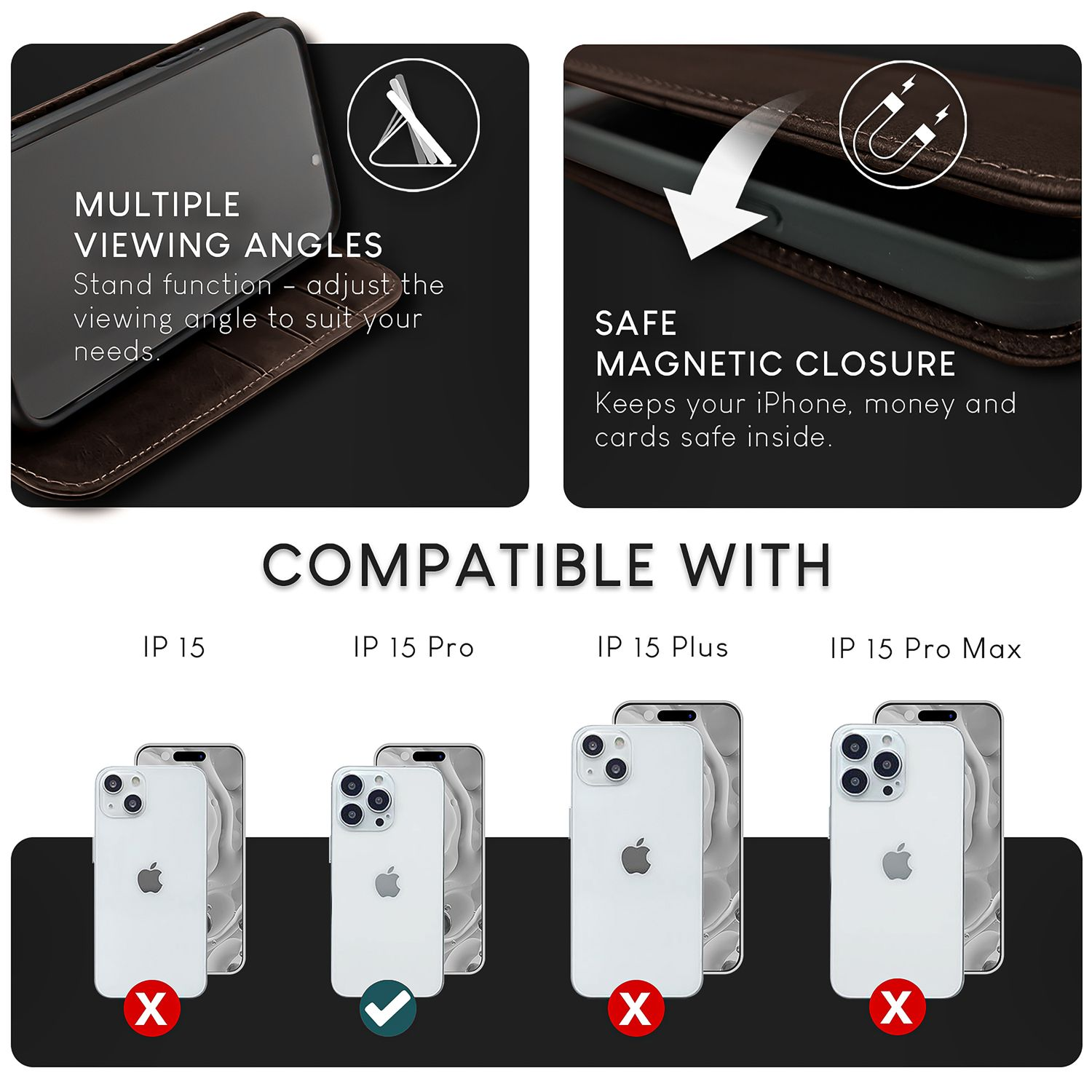 Handyhülle mit mehreren Betrachtungswinkeln. Kompatibel mit iPhone-Modellen.