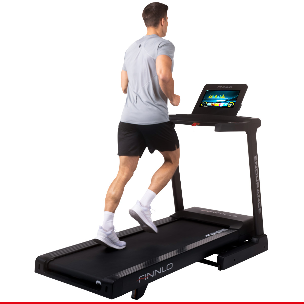 Ein Mann läuft auf einem Laufband, mit dem Rücken abgewandt. Laufband ist schwarz mit einem Bildschirm. Weißer Hintergrund.