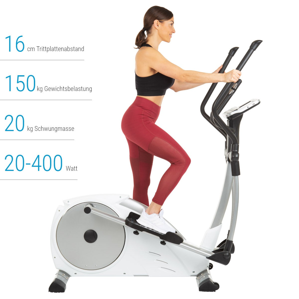 Frau trainiert auf einem Crosstrainer, mit Text über die Spezifikationen des Geräts.