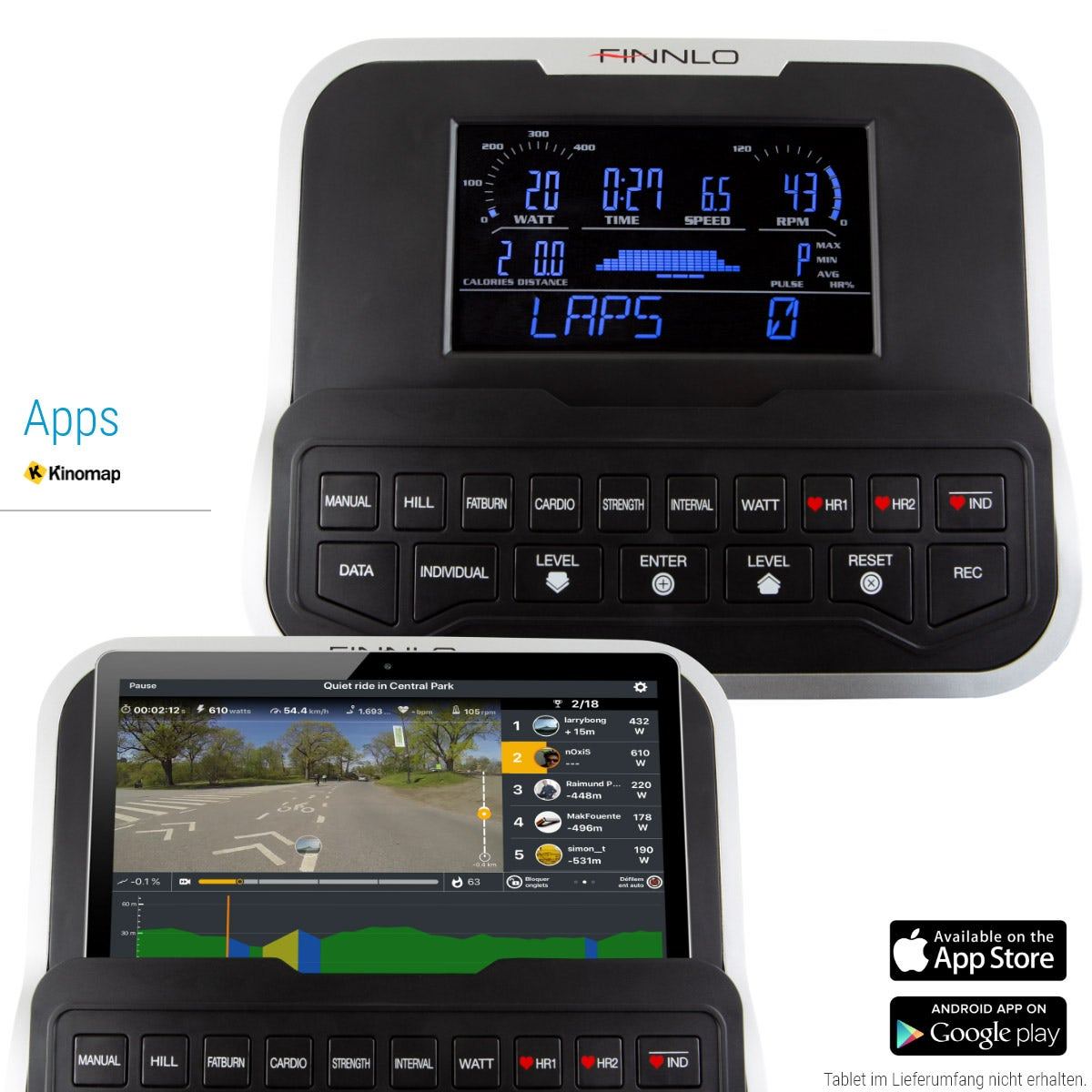 Laufband-Bedienfeld mit Anzeigen, die Trainingsdaten und ein Tablet mit einem Trainingsvideo zeigen.