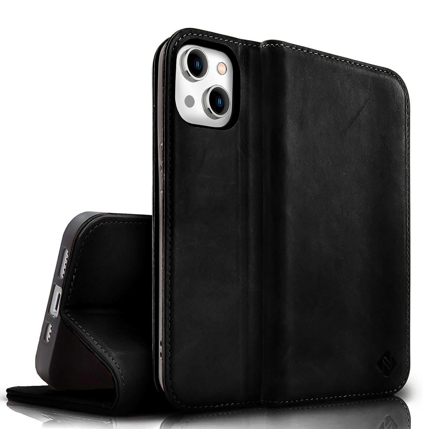 Schwarze Leder-Handyhülle, offen, Telefon sichtbar, auf weißer Oberfläche.