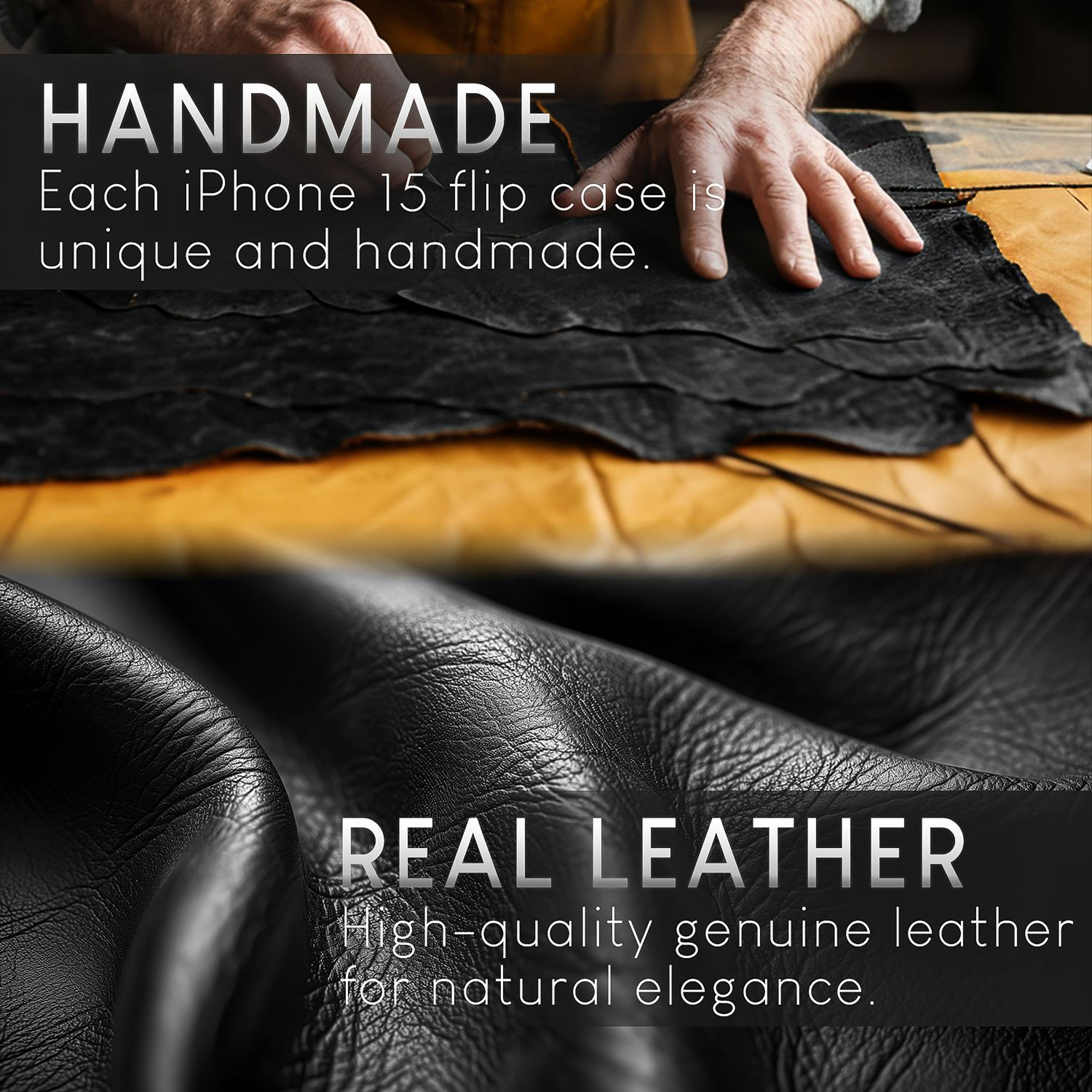 Nahaufnahme von schwarzem Leder mit Text über handgefertigte iPhone-Hüllen.