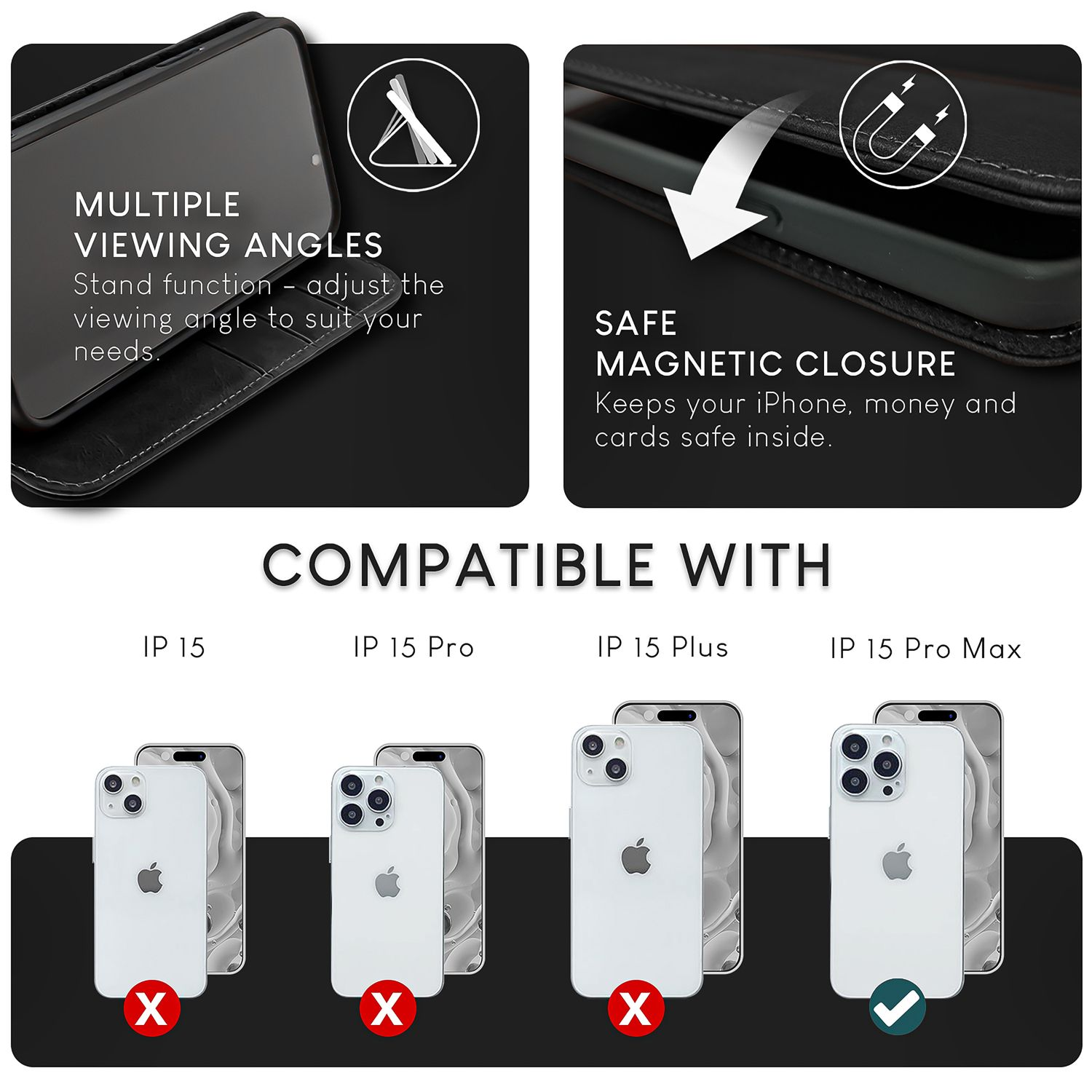 Grafiken, die eine Handyhülle mit mehreren Betrachtungswinkeln und sicherem Magnetverschluss zeigen. Kompatible Telefone.